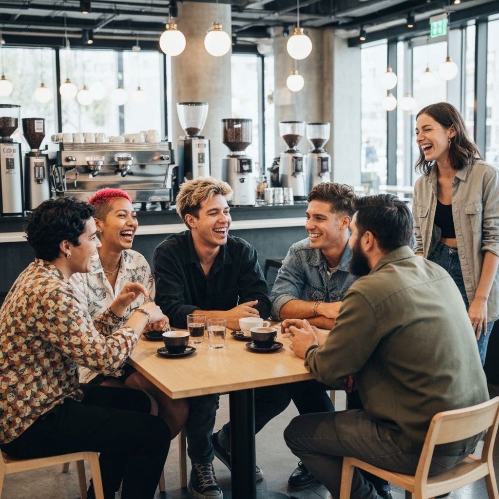 People collaborating in a modern coffee shop